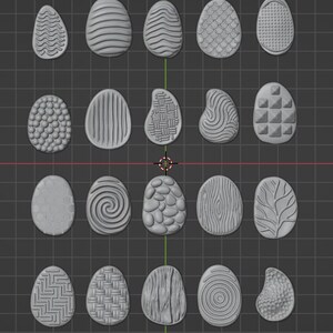 May include: A collection of 18 gray, egg-shaped objects with various surface textures. Designs include wavy lines, scales, pebbles, wood grain, and geometric patterns. The objects are arranged on a dark gray grid.