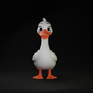 May include: A white cartoon goose figure with orange feet and beak, and large eyes with eyelashes. The goose has a long neck and is standing upright against a black backdrop.