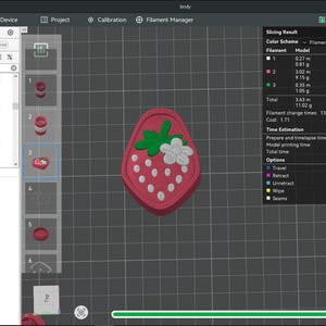 May include: A digital 3D modeling interface displaying a strawberry-shaped object with a pink base, white seeds, green leaves, and a white flower. The software screen shows project filaments, slicing results, and print settings for a 3D printer.