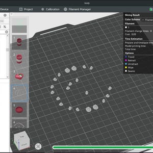 May include: A digital interface for 3D printing software displaying a build plate with a circular arrangement of small, grey, circular objects. The screen shows project filaments, plate settings, and a slicing result window with time estimation.