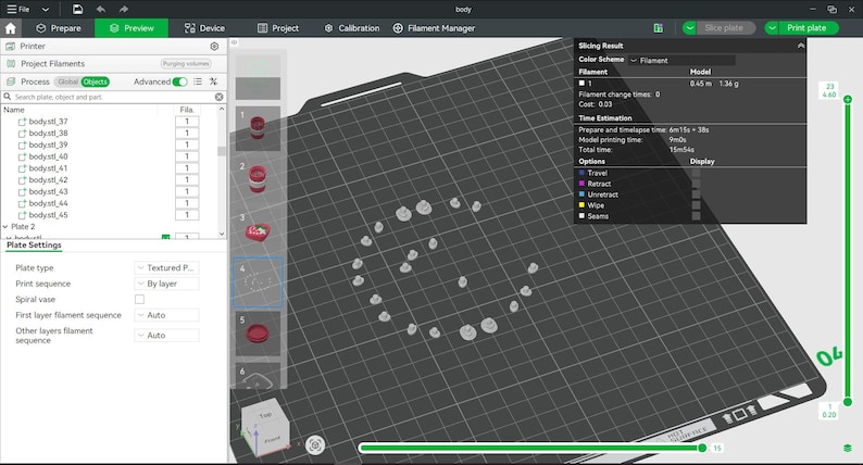 May include: A digital interface for 3D printing software displaying a build plate with a circular arrangement of small, grey, circular objects. The screen shows project filaments, plate settings, and a slicing result window with time estimation.