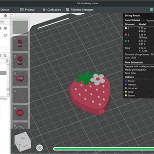 May include: A digital 3D modeling interface displaying a strawberry-shaped object on a grid. The strawberry is red with white seeds, green leaves, and a white flower. The software panel shows filament usage, printing time, and project settings.