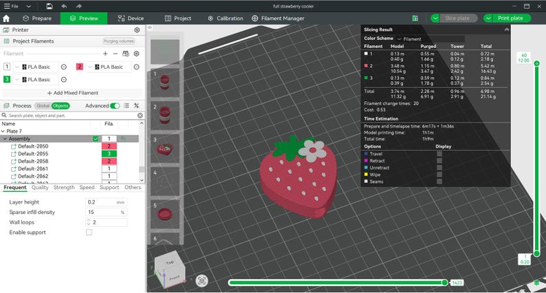 May include: A digital 3D modeling interface displaying a strawberry-shaped object on a grid. The strawberry is red with white seeds, green leaves, and a white flower. The software panel shows filament usage, printing time, and project settings.