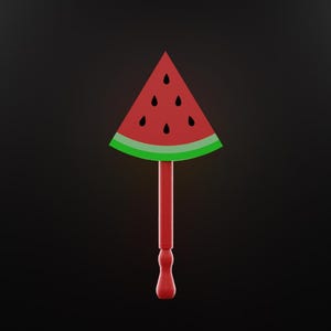 Könnte beinhalten: Ein roter Fächer in Form einer Wassermelonen-Scheibe mit schwarzen Kernen und grüner Schale. Der Fächer ist an einem roten Griff mit dekorativem Sockel befestigt. Der Hintergrund ist einfarbig schwarz.