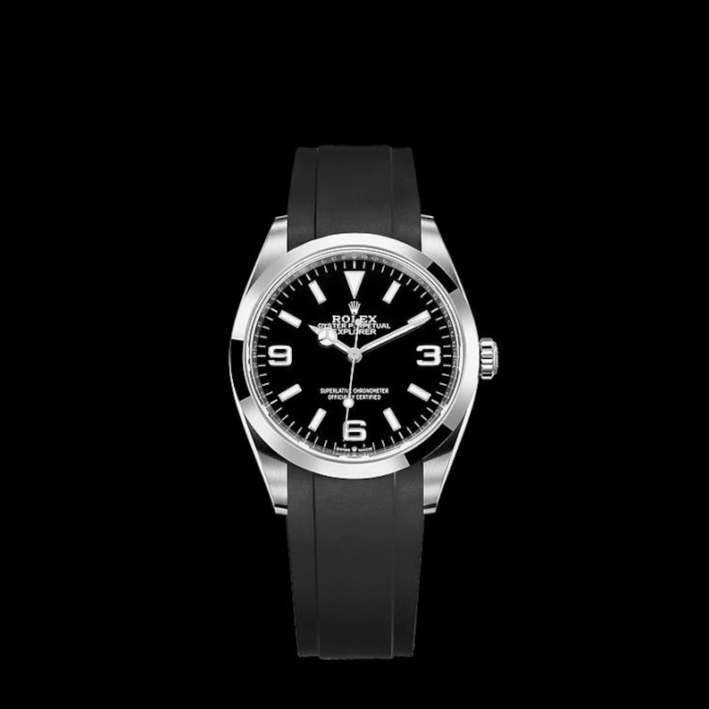 K&ouml;nnte beinhalten: Armbanduhr mit schwarzem Zifferblatt, silberner L&uuml;nette und schwarzem Kautschukarmband. Das Zifferblatt zeigt die Zahlen 3, 6 und 9. Die Uhr ist vor einem schwarzen Hintergrund platziert.