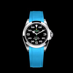 May include: A silver-toned Rolex Air King watch with a black dial and a bright blue silicone strap. The watch face displays white numerals and hands, with the Rolex logo and "Air King" text visible. The background is black.