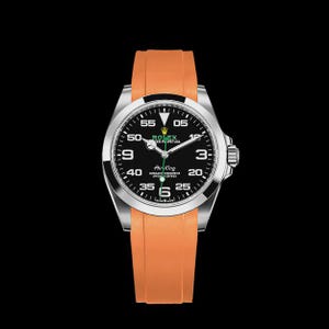 May include: A stainless steel Rolex Air King watch with a black dial and orange rubber strap. The watch face features white numerals and hands, with the Rolex logo at the top. The watch is set against a black background.