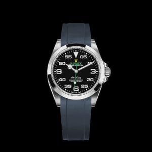 May include: A Rolex Air King watch with a black dial, silver case, and a dark blue rubber strap. The watch face displays white numerals and a green second hand. The watch is set against a black background.