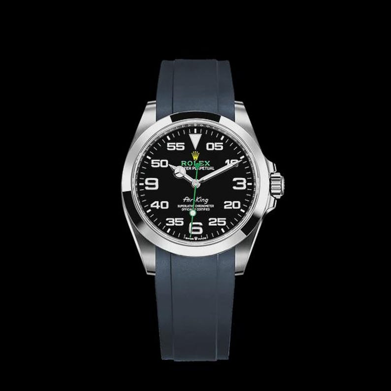 May include: A Rolex Air King watch with a black dial, silver case, and a dark blue rubber strap. The watch face displays white numerals and a green second hand. The watch is set against a black background.