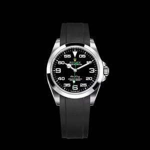 May include: A stainless steel Rolex Air King watch with a black dial and a black rubber strap. The watch face features white numerals, a green second hand, and the Rolex logo. The watch has a round face and a silver bezel.