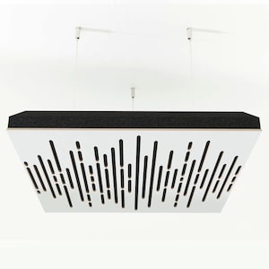 May include: White, rectangular acoustic panel with a black, textured top and a pattern of vertical black slots. The panel is suspended from the ceiling by thin white cables, designed for sound absorption in a studio or home theater.