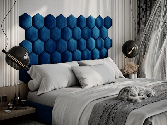 HEXAGON Soft Upholstered Headboard Panels | Velvet Wall Art Tiles for Bedroom | Padded Decorative Bed Back Panels | Echo Reducing Wall Decor