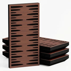 May include: A set of rectangular acoustic panels featuring a brown wood-grain finish on the front surface. Each panel has a series of symmetrical, elongated, pointed cutouts revealing a black sound-absorbing material underneath the wood layer.