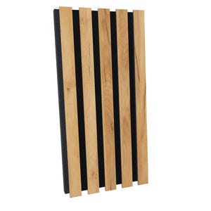 May include: Acoustic panel featuring vertical wooden slats in a natural wood tone, alternating with black felt strips. The panel is designed to absorb sound and reduce echo in a room. The wood slats are approximately 2 inches wide.