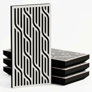 May include: A set of rectangular acoustic panels featuring a white front surface with a black geometric pattern of vertical, interlocking, and curved lines. The panels have a thick black foam base and are stacked in a vertical arrangement.