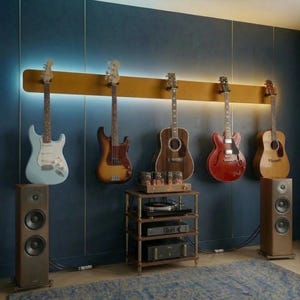 May include: A selection of guitars and a bass guitar are displayed on a wall with a yellow accent. A wooden shelf holds audio equipment, including a record player. Two speakers are positioned on the floor, with a blue wall and a patterned rug.
