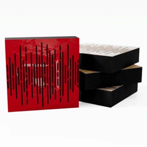 May include: Acoustic panels in a modern design. One panel is bright red with vertical black lines, and the others are black with a light wood and white design. These panels are designed to absorb sound.