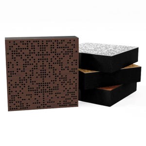 May include: Acoustic panels in a studio setting. One panel is a dark brown wood with a pattern of small, evenly spaced holes. The other panels are black with a silver top. The panels are stacked on top of each other.