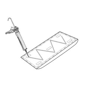 May include: Line drawing of a caulk gun applying sealant to a rectangular object. The object has a stitched border and a zig-zag pattern in the center. Rectangular patches are evenly spaced along the object's surface.