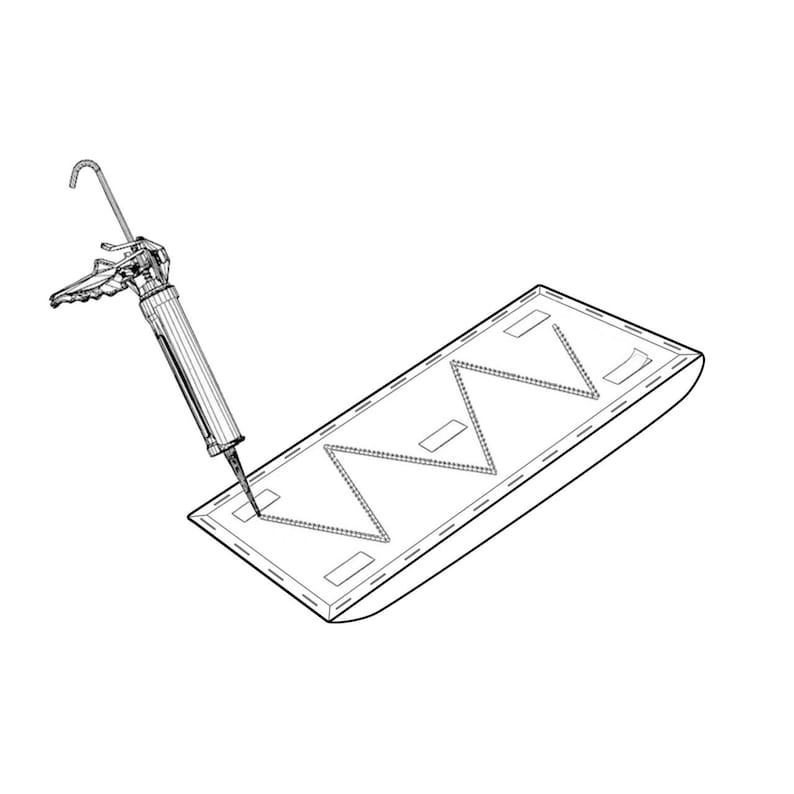 May include: Line drawing of a caulk gun applying sealant to a rectangular object. The object has a stitched border and a zig-zag pattern in the center. Rectangular patches are evenly spaced along the object's surface.