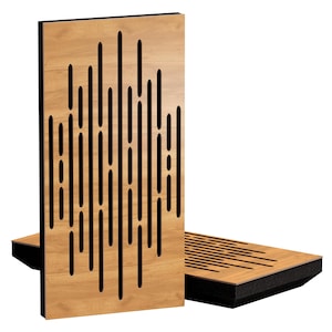 May include: Wooden acoustic panels with a light brown finish and black accents. The panels feature a series of vertical and horizontal cutouts. The panels are designed to absorb sound and improve acoustics in a room.