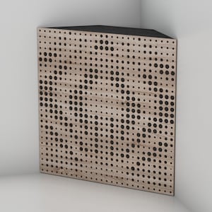 May include: A wooden acoustic panel with a triangular top and a square base. The panel is light brown with a pattern of varying-sized black circular perforations. The top is covered in black fabric. The panel is designed to fit in a corner.