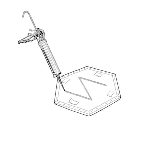 Puede incluir: Dibujo lineal de una pistola de calafateo aplicando sellador a una forma hexagonal. La pistola es plateada y negra, con un mango curvo y una boquilla que dispensa el sellador. La forma hexagonal tiene un patr&oacute;n en zigzag.