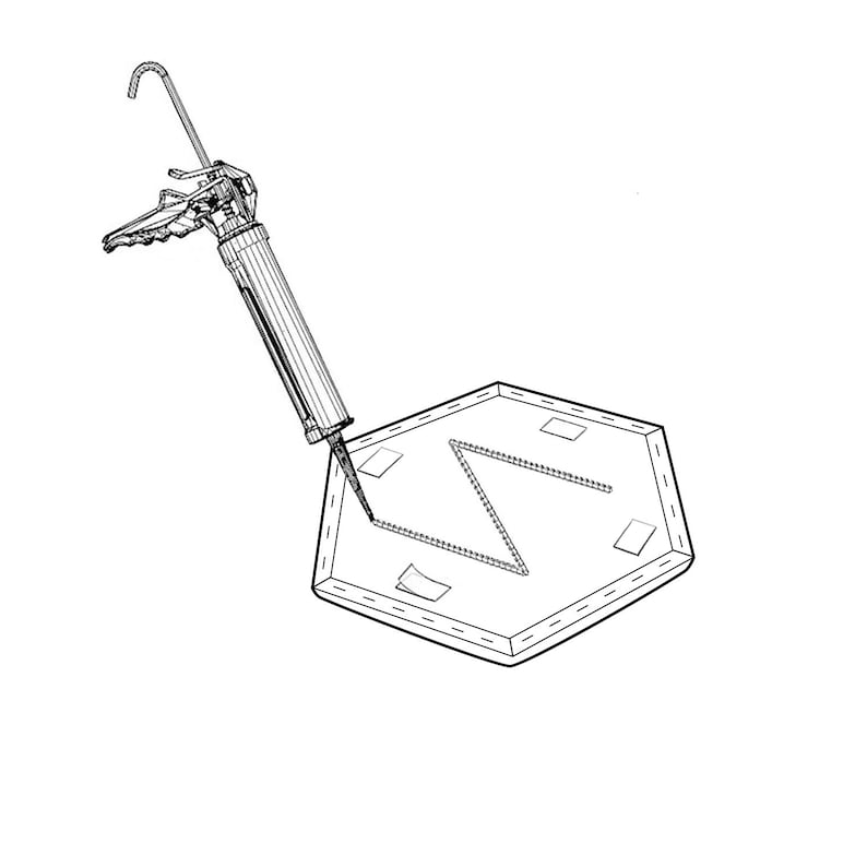 Puede incluir: Dibujo lineal de una pistola de calafateo aplicando sellador a una forma hexagonal. La pistola es plateada y negra, con un mango curvo y una boquilla que dispensa el sellador. La forma hexagonal tiene un patr&oacute;n en zigzag.