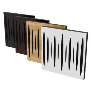 May include: Four square acoustic panels in black, dark brown, light wood grain, and white. Each panel features a series of vertical, oval-shaped cutouts. The panels are designed to absorb sound and improve acoustics.