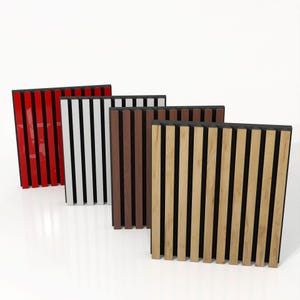 May include: Four rectangular acoustic panels with vertical slats in red, white, dark brown, and light brown. Each panel has a black frame and a contrasting slat color, creating a modern, minimalist design. The panels are arranged against a white background.