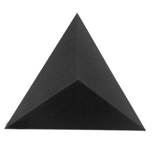 Pode incluir: Painel acústico triangular preto. O painel tem a forma de um triângulo tridimensional, projetado para absorver o som. A superfície tem uma aparência texturizada e o painel está sobre um fundo branco.