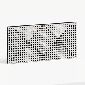 May include: A rectangular, off-white panel with a black border. The panel's surface is covered in a pattern of black dots of varying sizes, creating a visual texture. The dots are densely packed, giving the panel a modern, abstract aesthetic.