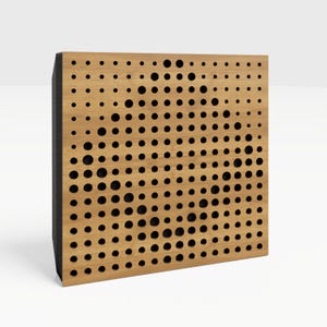 May include: A square wooden panel with a pattern of varying-sized black holes. The panel has a light brown wood grain finish on the front and a black edge. The holes are arranged in a gradient pattern.