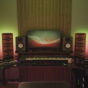 Könnte beinhalten: Ein Heimstudio-Setup mit einem Computermonitor, Lautsprechern, einer Tastatur und einer digitalen Audio-Workstation. Der Schreibtisch ist aus dunklem Holz und der Hintergrund ist eine Holzverkleidung. Die Beleuchtung ist eine Mischung aus warmen und kühlen Tönen.
