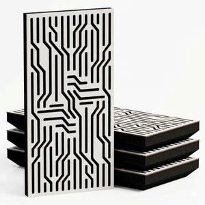 May include: A set of rectangular acoustic panels featuring a white top layer with a black cutout circuit board pattern. Each panel has a thick black foam base, and they are stacked in a staggered arrangement to show the layered construction.