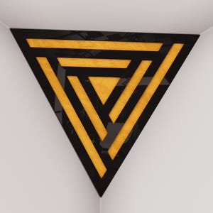 May include: A geometric wall art piece featuring a black triangle frame with a repeating pattern of yellow and black lines. The artwork is mounted in a corner, showcasing its triangular design and color contrast.