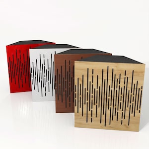 May include: Four sound-dampening acoustic panels in red, white, brown, and light wood. Each panel has a black top and a vertical line pattern cut into the front. The panels are designed to absorb sound and improve acoustics.