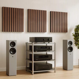May include: A modern home audio setup featuring two gray speakers, a silver equipment rack with black components, and three brown wooden panels on the wall. A potted plant adds a touch of greenery to the room.