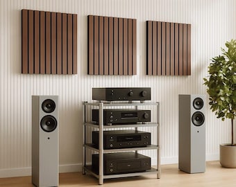 Panel acústico de pared de lamas de madera "SLATO" / Paneles acústicos 50x50x5cm / Absorción - Difusión - Reflexión - Insonorización - Aislamiento