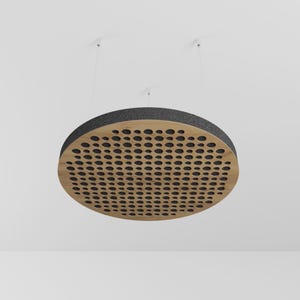 Puede incluir: Panel acústico de techo redondo, con acabado de veta de madera clara y borde de fieltro gris oscuro. El panel tiene numerosos agujeros pequeños y espaciados uniformemente. Está suspendido del techo por finos cables transparentes.
