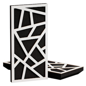 May include: White geometric panel with a black interior, featuring a modern abstract design. The panel is rectangular and has a white frame with a geometric pattern. Two panels are shown, one upright and one lying flat.