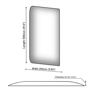 May include: A diagram of a rectangular object with rounded corners. The length is 19.5 inches (500mm), the width is 9.85 inches (250mm), and the thickness is 1.4 inches (35mm).