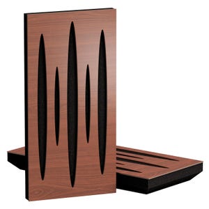 May include: Wooden acoustic panels with a brown wood grain finish and black foam backing. The panels have a series of vertical, elongated cutouts. One panel is upright, and another is lying flat, showcasing the design.