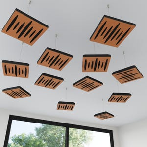 May include: Acoustic ceiling panels in various sizes and shapes, suspended from the ceiling. The panels are a light brown color with black accents and linear grooves, creating a modern and functional design. The panels are designed for sound absorption.