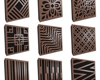 May include: Nine square wooden acoustic panels with various geometric and organic designs. The panels feature a dark brown wood finish with black backing, creating a contrast. Designs include linear, floral, and abstract patterns, suitable for soundproofing or decorative purposes.