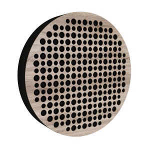 Puede incluir: Panel acústico redondo de madera clara. Presenta un patrón de agujeros espaciados uniformemente, con un respaldo negro visible a través de las perforaciones. El borde del panel es negro.