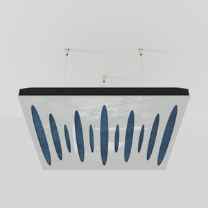 Könnte beinhalten: Ein weißes, quadratisches Schallschutzpaneel mit schwarzem oberem Rand und blauen ovalen Aussparungen. Das Paneel wird mit dünnen Drähten von der Decke abgehängt. Das Design ist modern und minimalistisch, geeignet für Büro oder Zuhause.