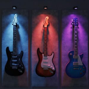 Gitarrenwandhalterung mit RGB-Beleuchtung und Akustikpaneelen | LED-Farbwechsel-Display mit Schallabsorption für viele Gitarren