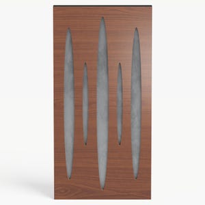 May include: A rectangular wooden panel with a dark brown wood grain finish. Five vertical, elongated, gray-colored cutouts are evenly spaced across the panel. The top edge has a thin black border.