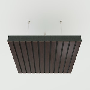 May include: Acoustic ceiling panel with a dark gray top and dark brown wooden slats. The panel is suspended from the ceiling by thin wires. The design features a series of vertical wooden slats, creating a modern and functional aesthetic.